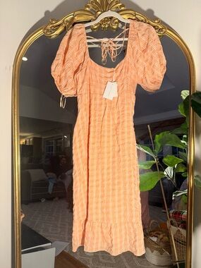 Lucy Paris Peach-Striped Puff-Sleeve Midi Dress